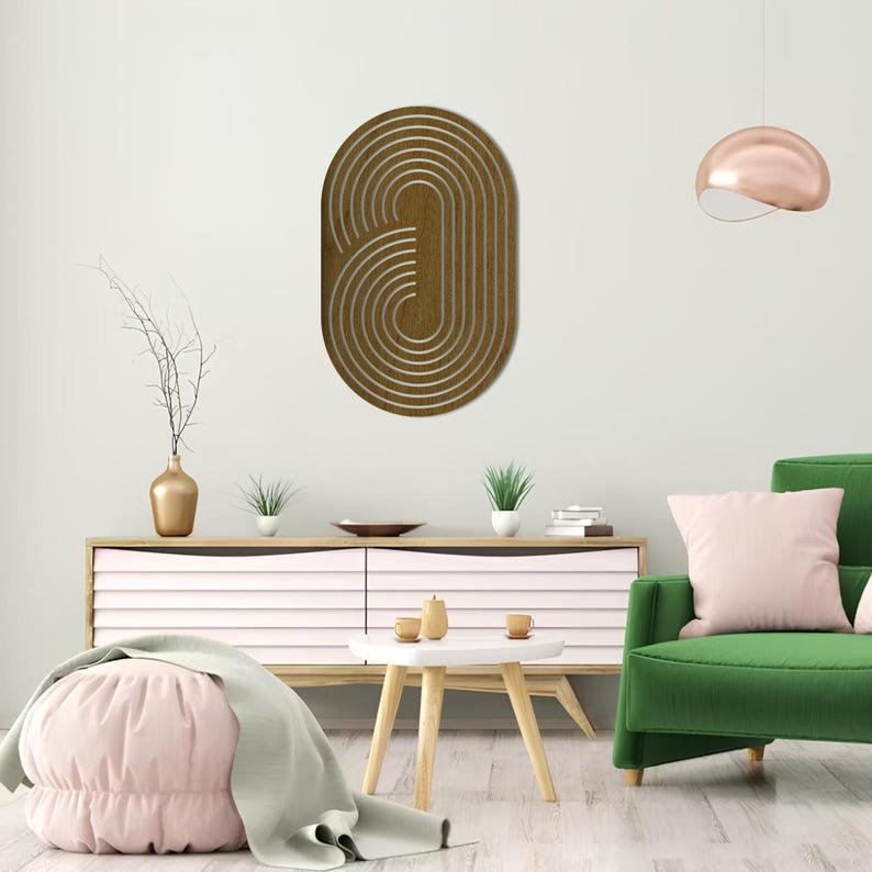 Boho Wooden Wall Art – Abstract Geometric Ellipse Wall Decor, Oval Mid-Century Modern Wood Hanging